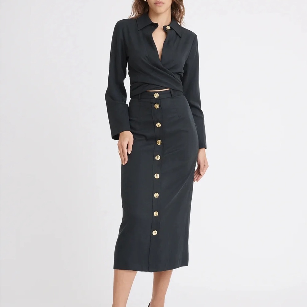 NWT MATTHEW BRUCH Gold Button Front Midi Skirt